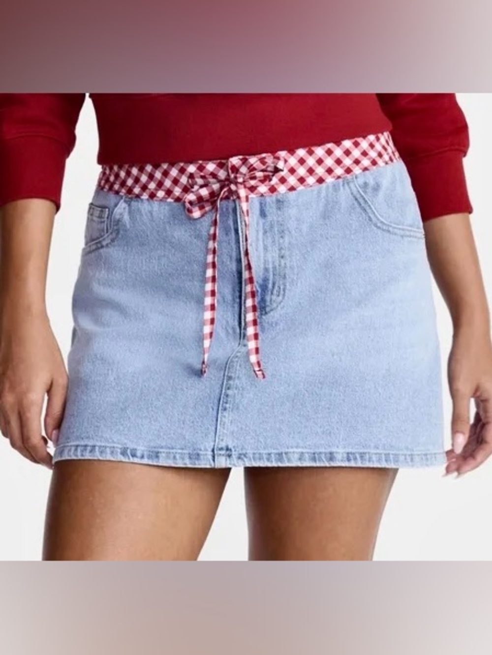 No Boundaries Light Blue Denim Mini Skirt with Red Gingham Waist Tie - Picture 8 of 8